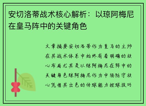 安切洛蒂战术核心解析：以琼阿梅尼在皇马阵中的关键角色