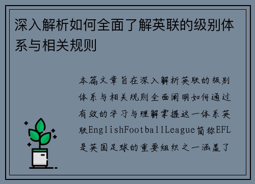 深入解析如何全面了解英联的级别体系与相关规则
